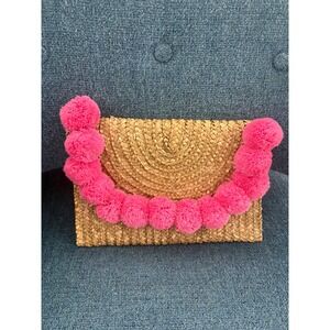 Shiraleah Chicago Woven Straw Pom Pom Clutch Bag Pink Natural Bohemian Summer